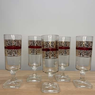 Set of 5 Vintage Flute Glasses with Burgundy Band and Gold Leaf Pattern Stamped ITALY