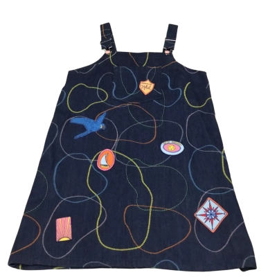 Gorman “Taking A Trip” Size 12 Denim Dress Featuring Embroidered Patches