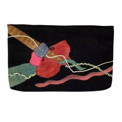 Hand Made in the Philippines with Leather Appliqué Large Clutch Black  / Multicoloured 