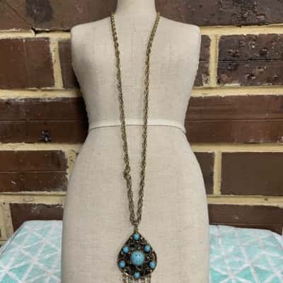  Gold Toned Filigree Pendant With Turquoise Stones Womens 