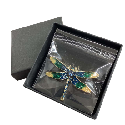 Blue & Green Enamel Dragonfly Brooch - Gold-tone with Crystals