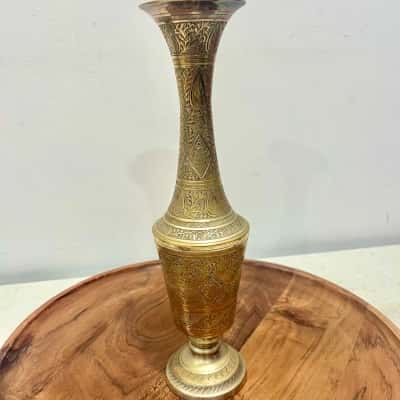 Vintage Brass Large Flower Vase Ornate Etched Design 