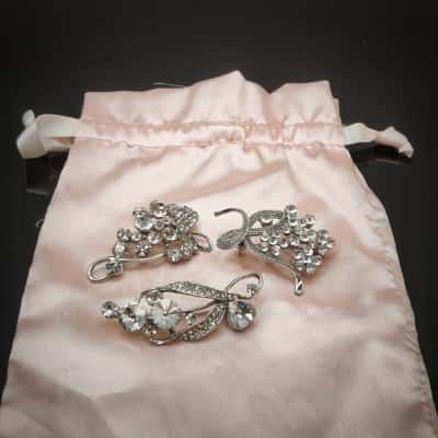 Set Of 3 Beautiful Diamante/C.Z. Brooches In Silver Look Settings 3/4cm Long