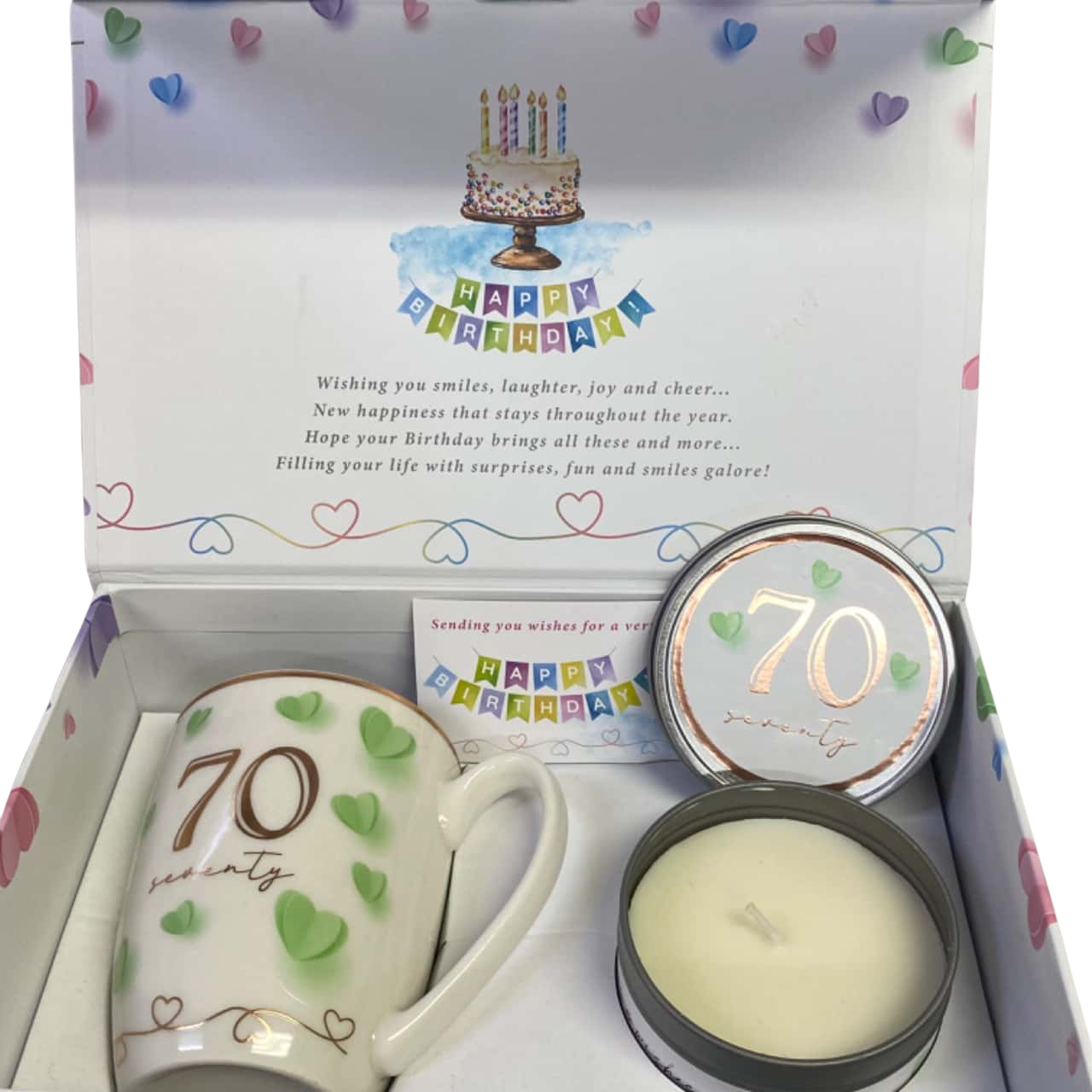 Paper hearts gift set, 70th birthday gift with 400ml ceramic bullet mug and a vanilla scented candle