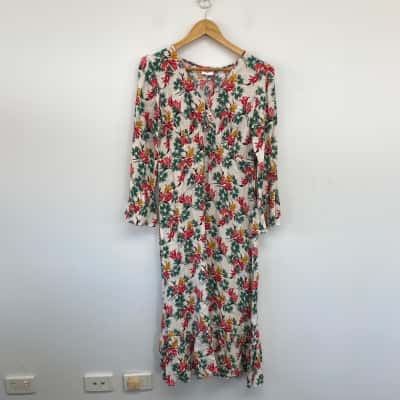 Leona Edmiston Estelle White Floral Long SLeeve Midi Dress  Size 1 