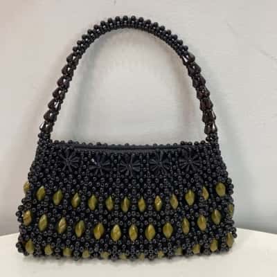Handmade Womens Small Beaded Handbag Black  / Brown / Gold 