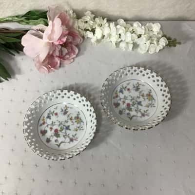 Keito White / Multicoloured Floral Pattern Lattice Edge Fine China Dishes (x 2)