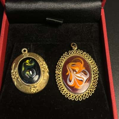 2 Vintage Gold Tone Pendants With Swirled Enamel Design
