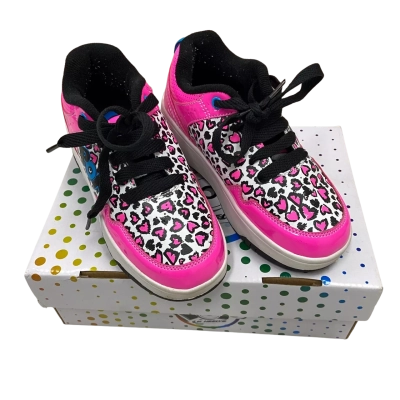  Heelys POP Contend - Neon Pink/Black/White Heart Leopard Print Kids USA Size 1