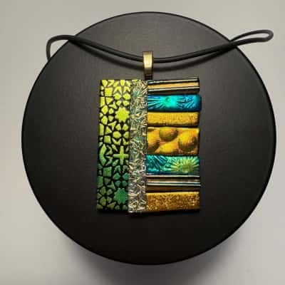  Handmade Dichroic Fused Aqua & Gold Glass Pendant Necklace  