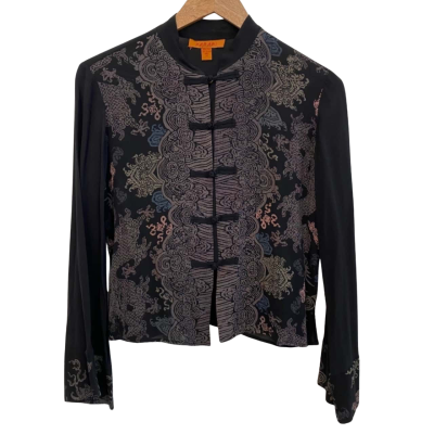 Womens Size XS Black Button Up Top 100% silk