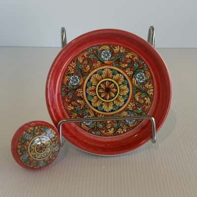 Italian Majolica Ceramic Wine Coaster & Bottle Stopper Set - Signed Ravello, Italy
