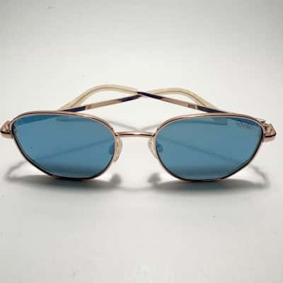 Quay Australia Big Time 126 sunglasses featuring a metallic gold frame and blue lense