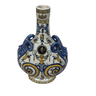 Gien French Faience 'Fond White' Renaissance Vase Gold/Blue/Black - ANTIQUE