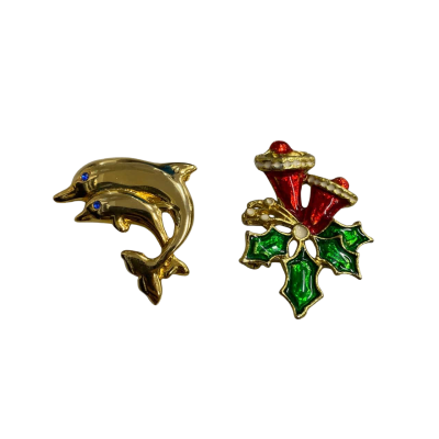 Lot of 2 Womens Brooch Gold / Green / Red Coloured