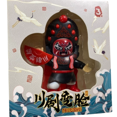 traditional Sichuan Opera face-changing doll (川剧变脸) in a black and red outfit holding a red fan