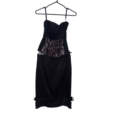 Kitten D'Amour 2 Piece Set Size 12  (Pink and Black Corset Top With Feathers and Black Skirt With Side Ruffles)