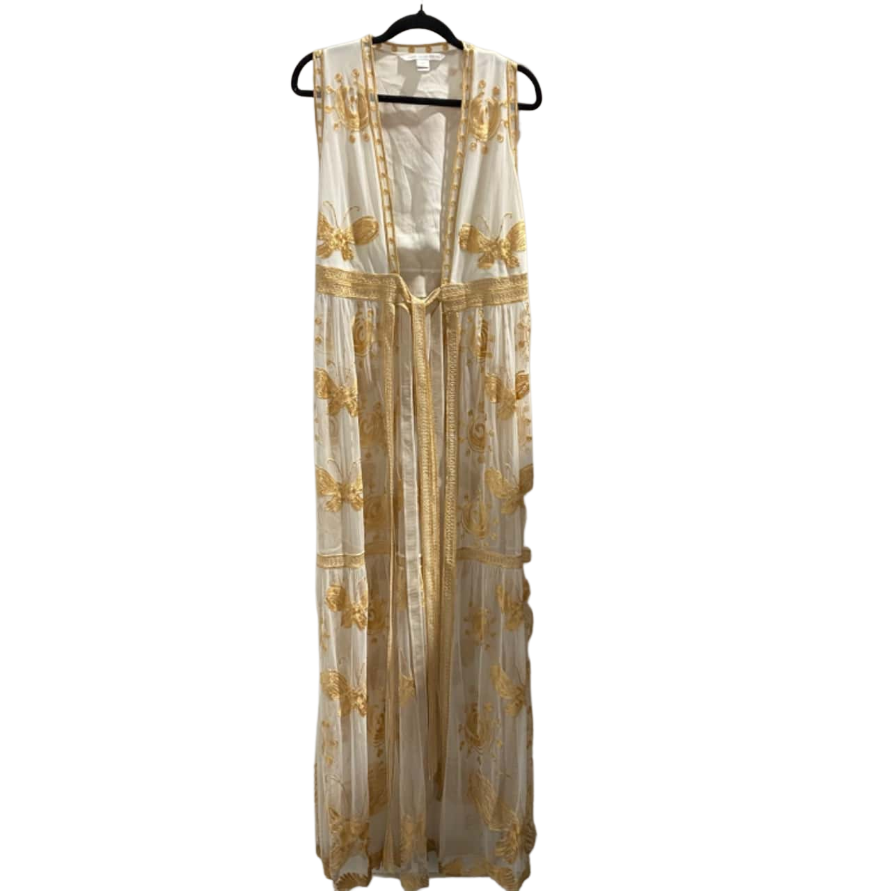 Diane Von Furstenberg. Womens Size 4. Maxi Dress of Gold Butterfly embroidery on White. "Virgo". Exclusive Vintage. (s) Diane Von Furstenberg. Womens Size 4. Maxi Dress of Gold Butterfly embroidery on White. "Virgo". Exclusive Vintage. (s)