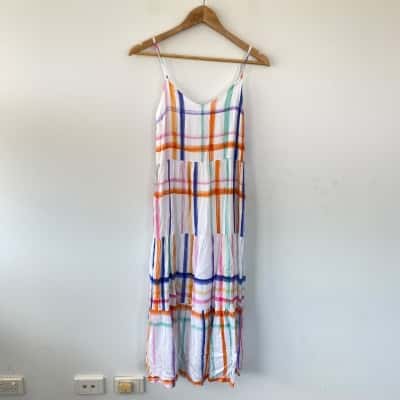 Runaway & Heart White Colourful Checked Midi Dress  Size 8