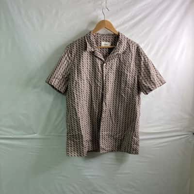 Unison Mens Size L Short Sleeve Shirt Brown / White BNWT