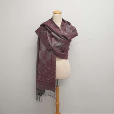 Stunning 100% Pashmina /Burgundy & Light Grey /Floral & Paisly Patterned /Lightweight /Scarf/ Shawl /Wrap with Tassel Fringe Ends 