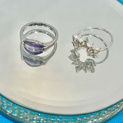 Silver Purple Gemstone Ring & Silver Diamonte Ring 