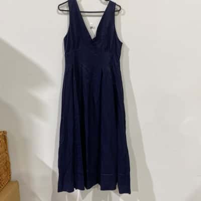 AERE Nylah V Neck Midi Dress Womens  Size 14 Navy Blue 