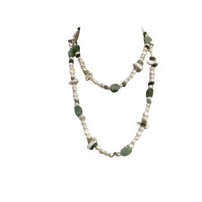  Freshwater Peal, Jade & Mother Of Pearl Long Necklace Green / Pearl 
