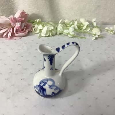 Hand painted Delft Holland White / Blue Windmill Scene Small Ceramic Pitcher Vase 