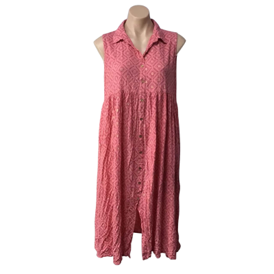 Avaasa Womens Size L Pink / Crimson / Gold / Pattern Sleeveless Midi Shirt Dress  