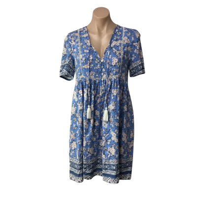 Iris Maxi Womens Size 8 Blue / Beige / White / Orange Floral Short Sleeve Dress
