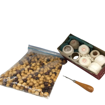 Assorted Wooden Beads, Vintage Coats Crotchet In Box and Vintage Hook as pictured