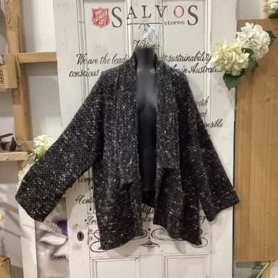 Digbys Brand! MADE IN AUSTRALIA! WATERFALL COLLAR LONGLINE OPEN CARDIGAN! Womens  Size 12 / 3 Longline Cardigan Black  / Brown / Pattern 