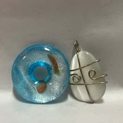 Pendant Bundle - Blue and Gold Glass Loop, White Wire Wrapped Cat Eye