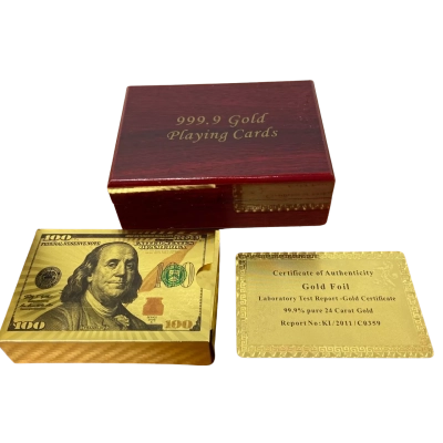 24K gold foil poker playing cards in a wooden box 