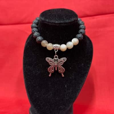  Womens Elastic Rose Quartz and Lava Stone Bracelet 