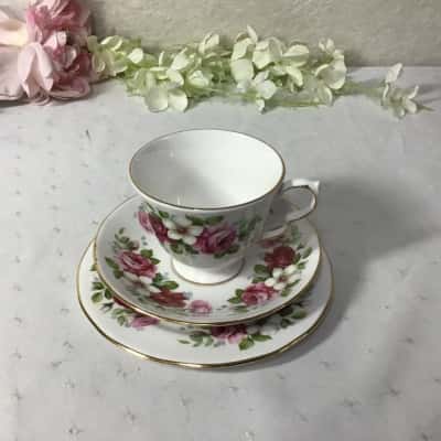 Vintage Queen Anne Pink Floral Bone China Cup Saucer & Plate
