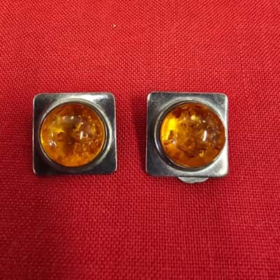  Womens Silver and Real Amber clip on Earrings 