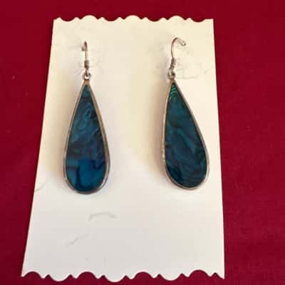  Women's Vintage Blue Resin over Mother of Pearl Dangle Earrings 