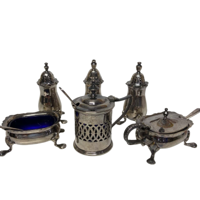 Vintage silver plated condiment set with cobalt blue liners 