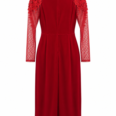 Little Mistress Red Velvet Lace Sleeve Midi Dress – Size 16