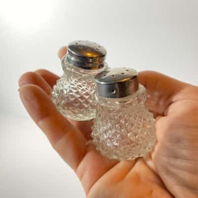 Vintage Diamond Cut Glass small Salt and Pepper Shaker Set 1 1/2" tall Mid Century Tableware Silver lids