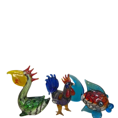 Trio of Art Glass Ornaments Rooster, Pelican and Fish