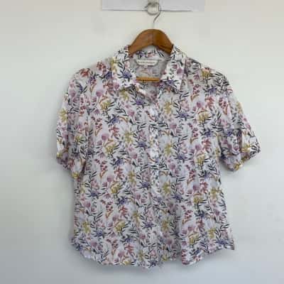 Black Pepper White Colourful Floral Short Sleeve Shirt Size 16 