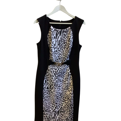 BNWT Events Women's Size M Sleeveless Midi Dress Black Animal Print 