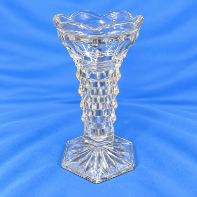 Clear Pressed Glass Pedestal Vase Scalloped Floral Rim