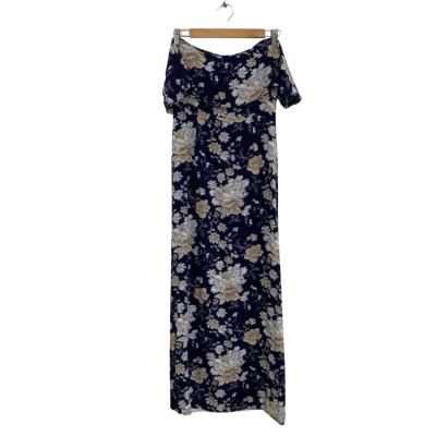 Atmos&Here Womens  Size 10 Maxi Dress / Off The Shoulder Dress Brown / Floral / Navy Blue / White 