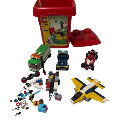 Lego vehicles and loose Lego in Lego box