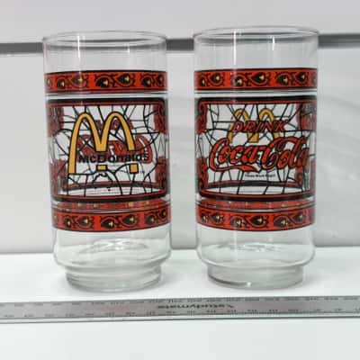 Vintage 1980s McDonald's Australia Stained Glass Tumblers - Pair of Retro Tiffany Style Promo Drinking Glasses with Map Logo