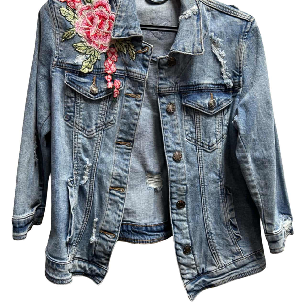 Flower Denim Jacket, Distressed, Embroidered Detail, Size 10 Women’s